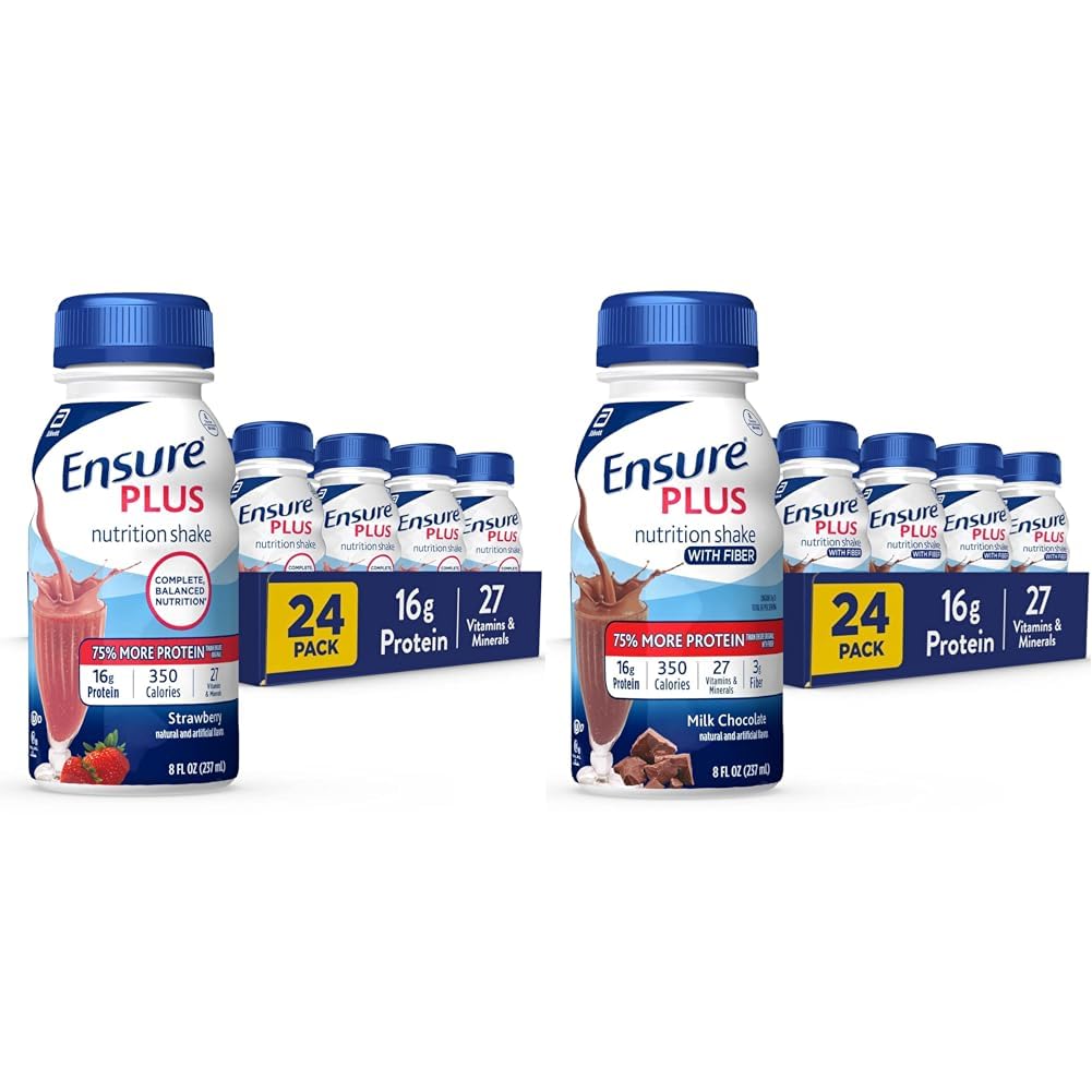 Assure plus nutrition agiter avec 16 grammes de protéines et assurer plus nutrition agiter avec fibre, 16 grammes de protéines, substitut de repas liquide, chocolat au lait, sans gluten, 8 Fl Oz (paquet de 24)