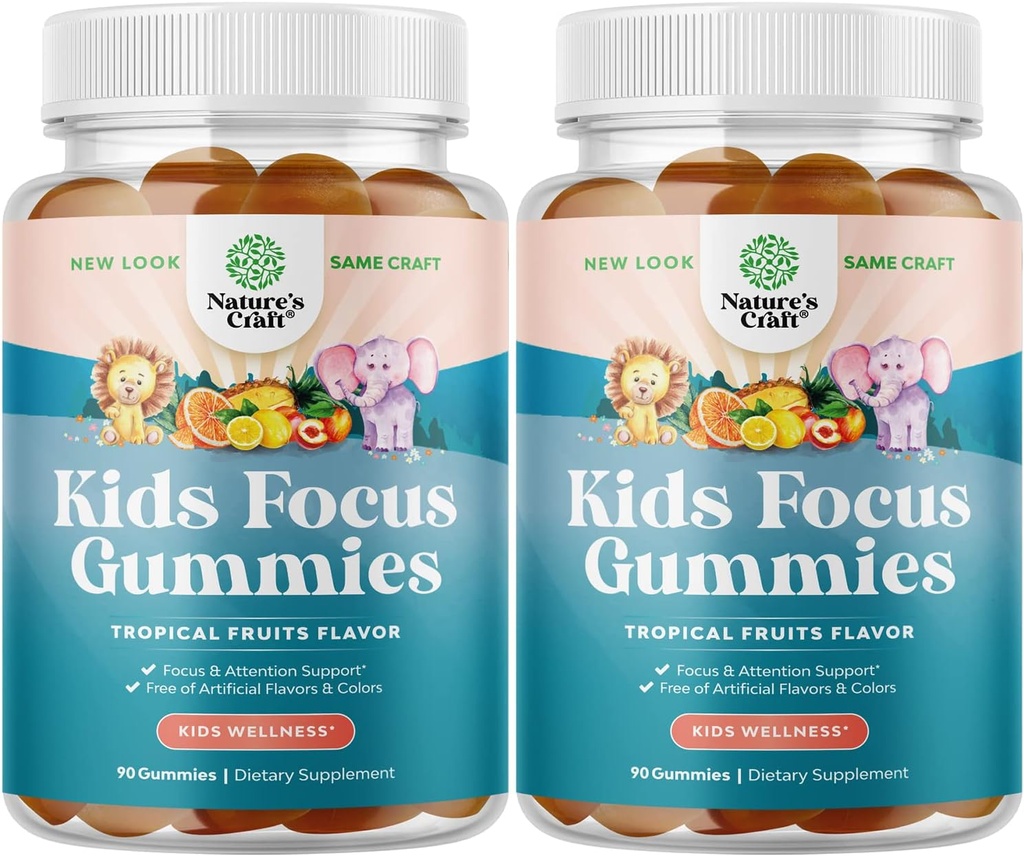 Kinder Focus Gummis - Nootropics Brain-Supplement für Kinder mit Grüner Tee-Extrakt, B6 & B12 Vitamine für Gedächtnis- und Gehirnfokus - Kräuterkonzentrationskäse für Kinder - 90 Count - 2 Pack