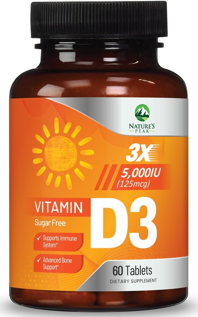 Vitamine D3 5000iu (125 mcg) Immune Health Support - Supplément alimentaire de vitamine D à haute puissance pour os, dents, muscles - VIT D de la nature, végétalien, sans gluten, framboise - 60 comprimés à croquer