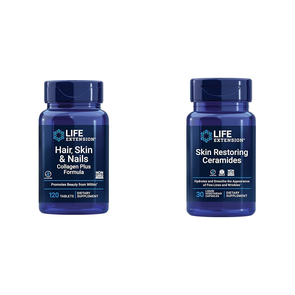 Life Extension Hair, Skin & Nails Collagen Plus Formel 120 Count & Skin Restoring Ceramide 30 flüssige vegetarische Kapseln