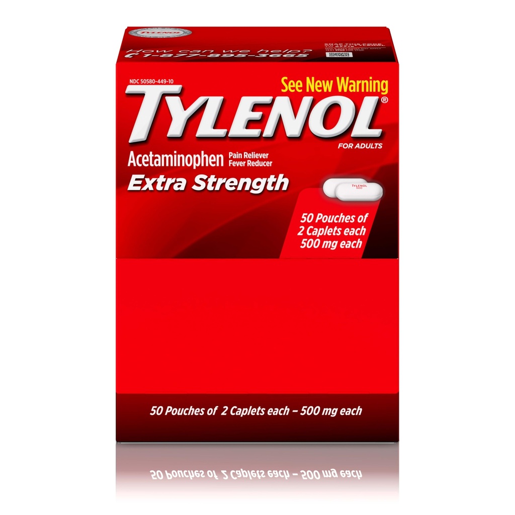 Capelli di acetaminofene ad alta resistenza Tylenol, 500 mg, Riduttore di dolore e febbre per mal di testa, Backache, Toothache, Crampe mestruali & Dolore, Imballaggio di viaggio, 2-Caplet Pouches, 50 Conte