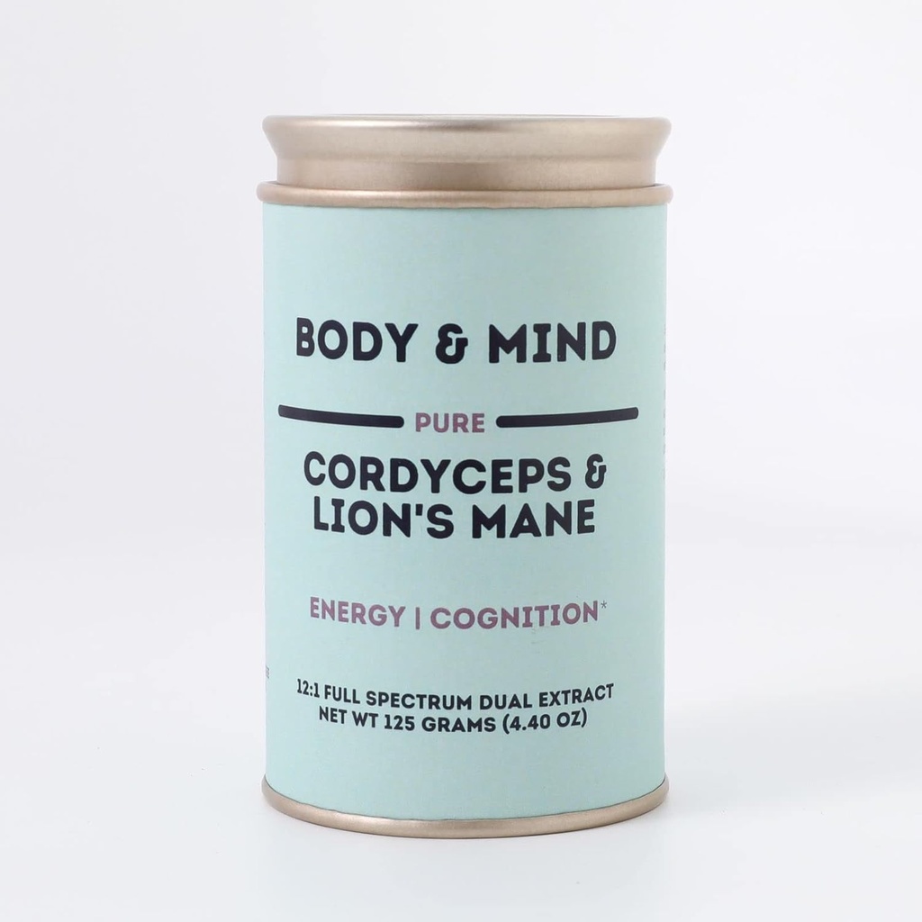 Body & Mind - Pure Organic Lion's Mane & Cordyceps Pilze 12:1 Dual Extract - Fokus, Kognition, Energie, Ausdauer - 100% Fruchtkörper - Zu Wasser/Tea/Smoothies hinzufügen - 125 Gramm