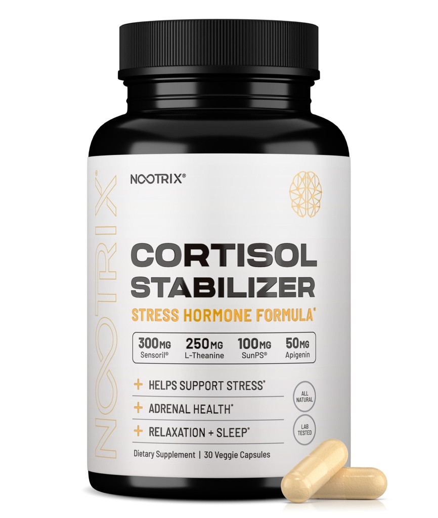 Nootrix Cortisol Manager & Stabilizer Supplement | Unterstützt Tiefen Schlaf, Entspannung, Adrenal Health & Stress | 300mg Ashwagandha | L-Theanine, Rhodiola Rosea Extract & Apigenin | 30 Kapseln