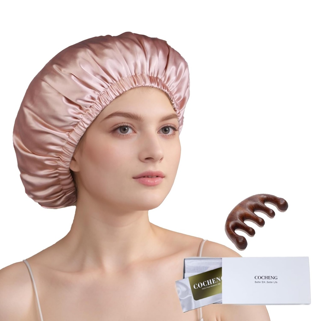 100% Mulberry Seide Bonnet für schlafen Frauen lange Haare -Doppelschicht Schlafkappe -Silk Schlaf Bonnet mit elastischem Aufenthalt auf Kopf (Pink, Large)