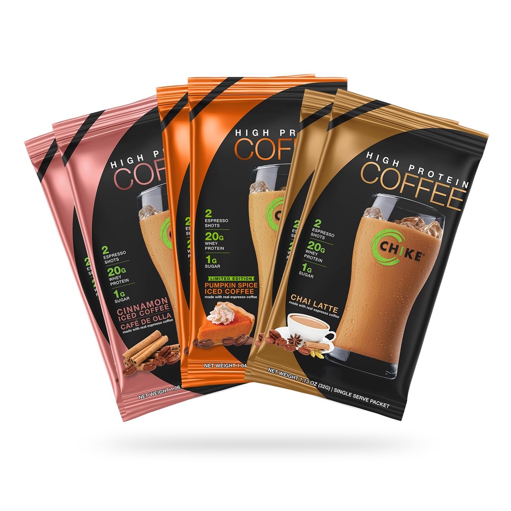 Chike Autumn Spice High Protein Iced Coffee Sampler Pack, 20 G Protéines, 2 Shots Espresso, 1 G Sucre, Keto Friendly et sans gluten, 6 Packets à usage unique