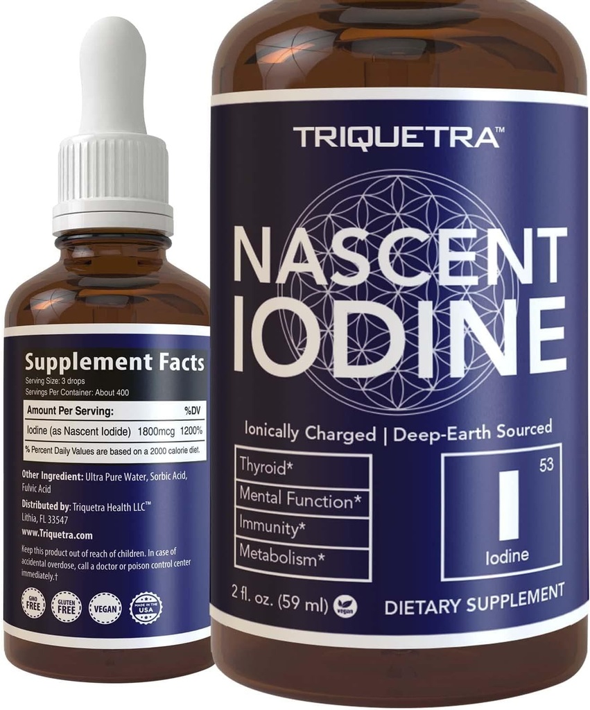 Nascent Iodine Supplément 400 portions, bouteille de verre, végétalien, 1800 mcg - 600 mcg par goutte - Pure, couleur claire - soutient la santé thyroïde, l'énergie, l'immunité et le métabolisme (2 oz.)