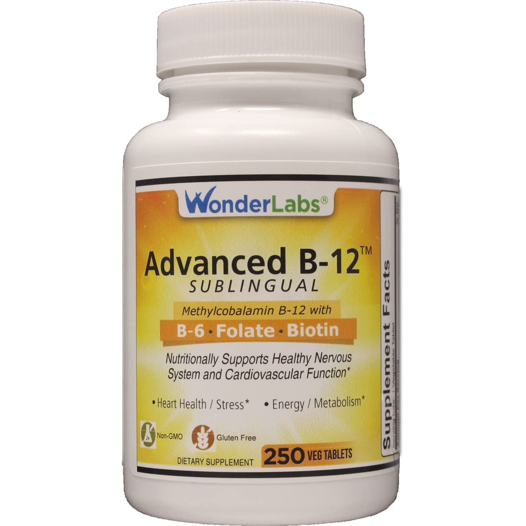Wonder Laboratories Sublingual Vitamin B12 (1000 mcg), B6 (5mg), Acido Folico (400 mcg) & Biotin (25mcg) - Formulato con vitamina Methylcobalamin B-12 (250 compresse)