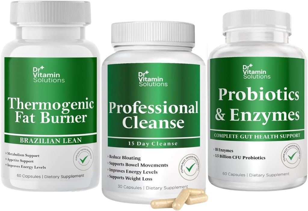 DR VITAMIN SOLUTIONS Thermogenic Fat Burner & Professional Detox Cleanse Bundle - 15 Tage Cleanse for Weight Management, Gut Health und Bloating Relief - 240 Caps