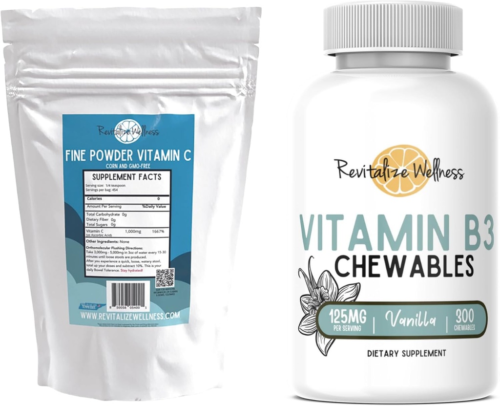 Bundle | Feines Pulver Vitamin C, 454 Servierungen und Vitamin B3 Chewables (Vanilla), 300 Servierungen