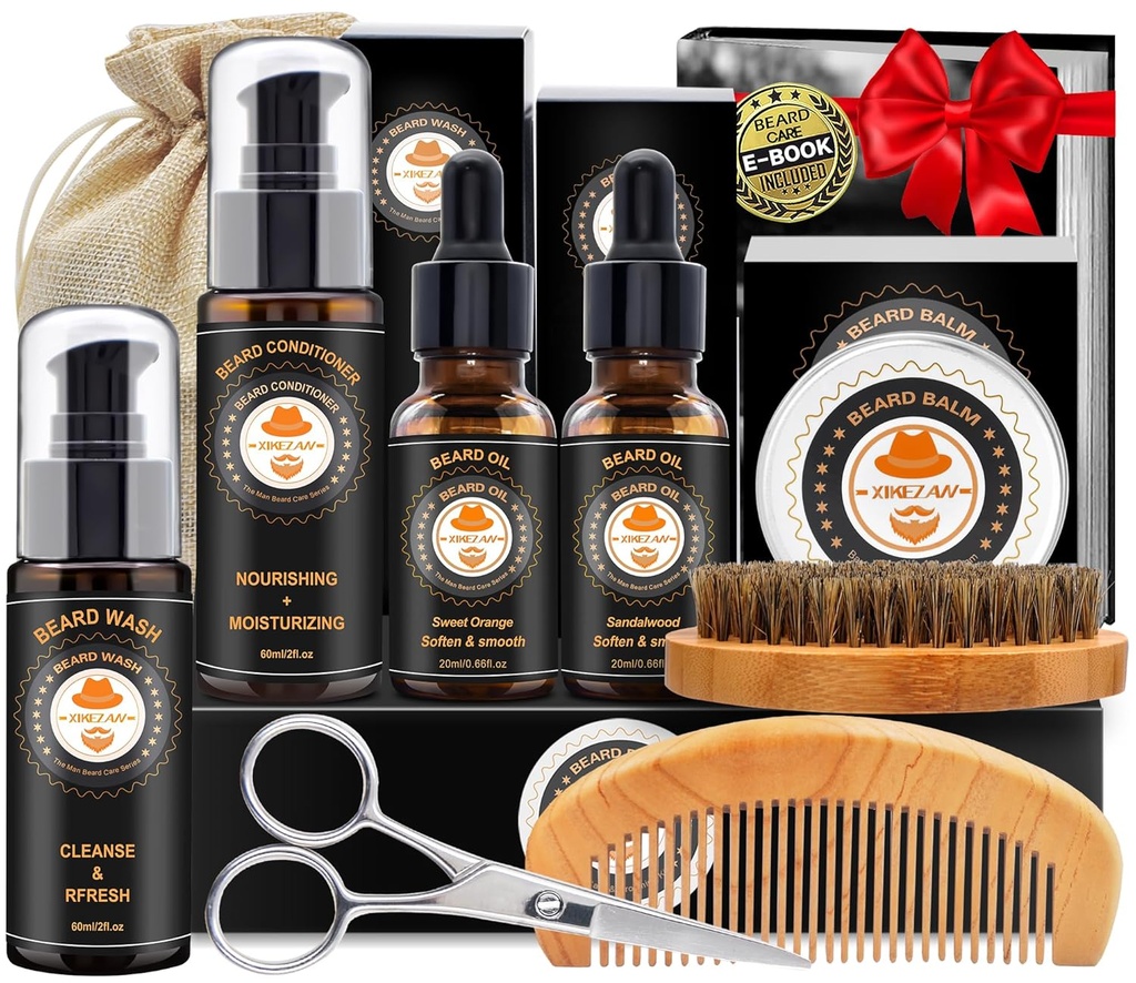 XIKEZAN Bart-Kit für Männer Grooming & Care w/Beard Conditioner, Wash, Öl, Balm, Brush, Comb,Birthday Fathers Valentines Geschenke für Männer Ihn Papa Ehemann Freund Geschenke Männer Stocking Stuffers