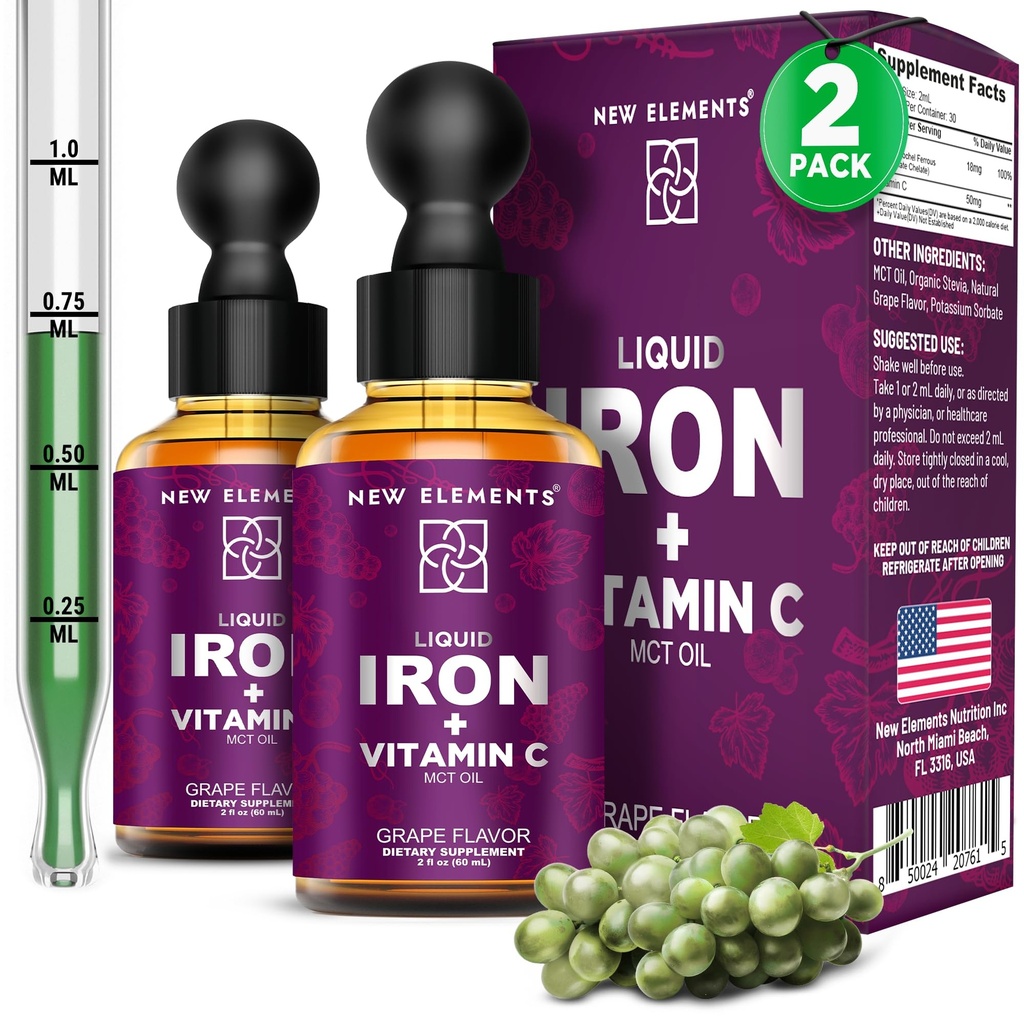 [2 Pack] Flüssige Eisen-Ergänzung mit Vitamin C – 18mg Eisen & 50mg Vitamin C für Anämie Unterstützung – Blut-Erbauer Tropfen für Frauen & Männer – Schnelle Absorption, steigert Energie & Immunität – Vegan, Non-GMO