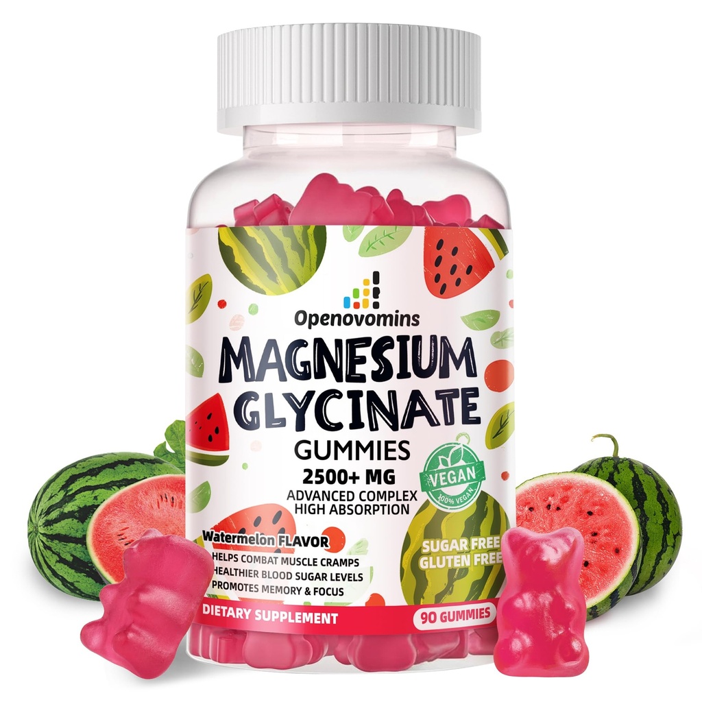 Glycinat de magnésium 2500mg - Supplément de potassium de magnésium sans sucre avec vitamine D, B6, CoQ10 pour l'humeur calme et le soutien du sommeil - 90 Gummées de pastèque