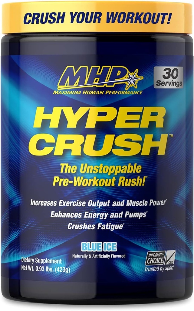 Maximale menschliche Leistung MHP HYPER CRUSH Pre Workout Energydrink Kreatin Beta Alanin Stickstoffmonoxidpumpe Citrulline AKG 30 Servierungen, Blaues Eis, 14.88 Unze