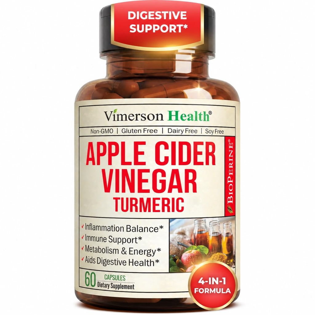 Bio Apfel Apfel Apfelessig mit Kurkuma Ergänzung & Ginger für Verdauungs-Gesundheit, Stoffwechsel, Energie & Joint Support - Organic Turmeric & Apple Cider Essig Kapseln. 60 Vegan Non-GMO Caps