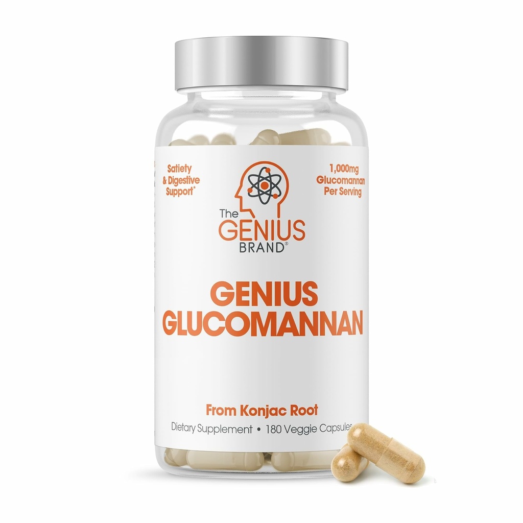 La marque Genius Genius Glucomannan - Glucomannan Capsules pour la santé, l'énergie et la satiété digestives - Fibre naturelle pour le confort de l'estomac - Non-OGM et végétalien - 180 Capsules Veggie