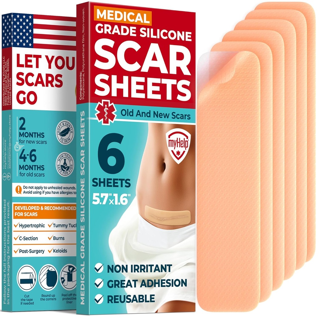 Medical Grade Silicone Scar Sheets - 6pk (5.7”x1.6”) - Visible Difference on Surgical & Keloid Marks - Reusable C-Section Scar Silicone Strips - Einfach zu bedienen Streifen