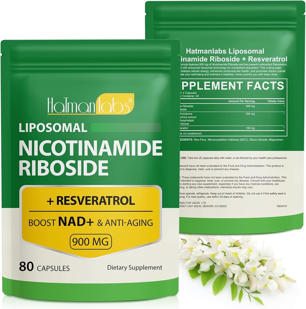 NAD+ Ergänzung mit Nicotinamid Riboside-Liposomal Nicotinamid Riboside 900Mg,High Purity Resveratrol NAD Ergänzung für Anti-Aging,Energie,Focus-80 Kapseln