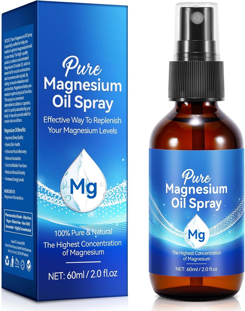 Pure Magnesium Spray per Piedi, Olio di Magnesio, Bottiglia di vetro naturale organico, Facile da assorbire e utilizzare 60Ml.