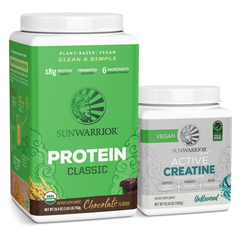 Polvere di proteina di riso marrone solare | Cioccolato 30 Serve e polvere di monoidrato di creatina | Micronized non aromaed, 60 Serve