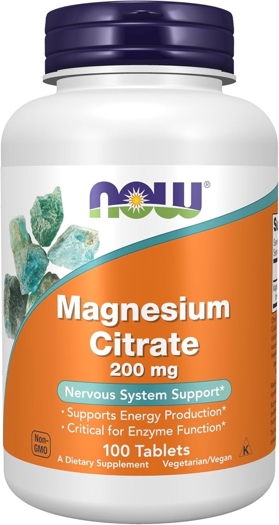 MAINTENANT Compléments alimentaires, Citrate de magnésium 200 mg, Fonction enzymatique*, Support du système nerveux*, 100 comprimés
