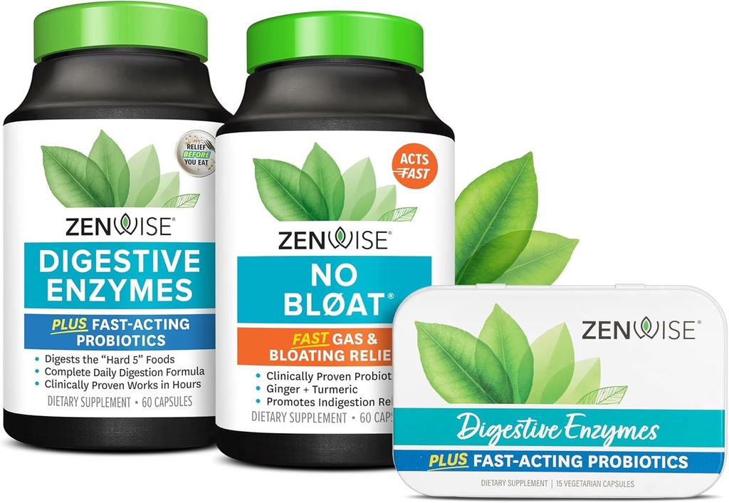 Zenwise Health Bliss Bundle Enzymes digestifs + Non Bloat + étain de voyage gratuit - avant et après repas routine digestive avec enzymes et probiotiques pour la digestion