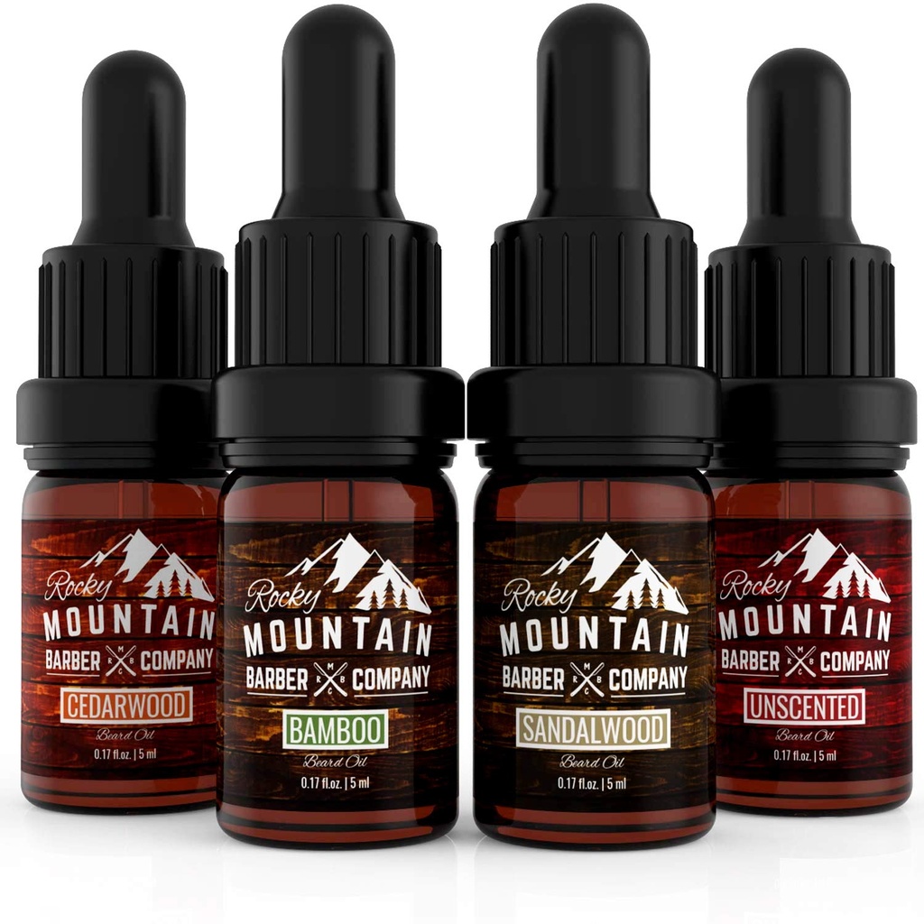 Rocky Mountain Barber Company Beard Oil Sample Size Pack - 4 Varietà uniche dell'olio del cuscinetto (0.17 oz ciascuno) - Cedarwood, Sandalo, Bamboo & Unscented – Contiene oli essenziali