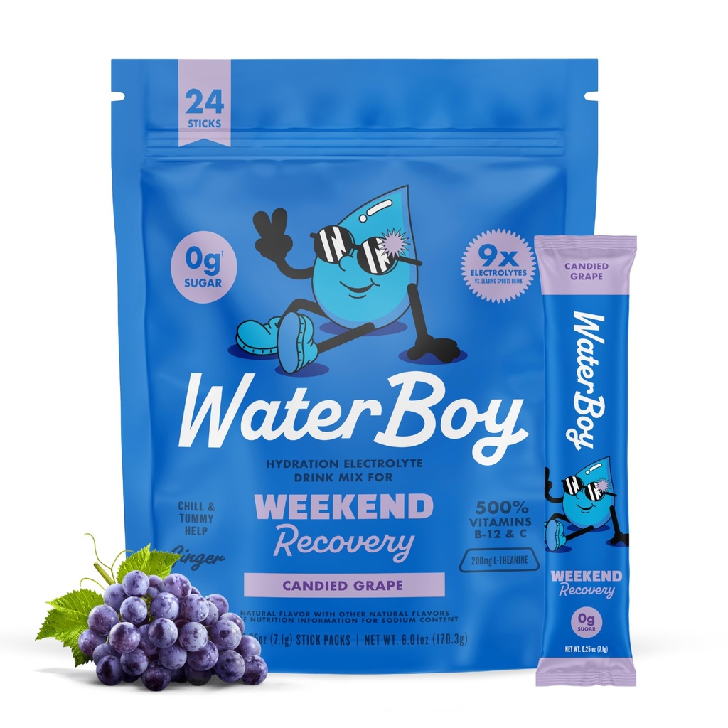 Waterboy Weekend Recovery | 3,187mg Elektrolyt-Pulver-Packets | Ginger + L-Theanine + Vitamine | Kein Zucker, alle natürlichen, Glutenfrei | 24 Getränke-Stick-Mixe (Grape)