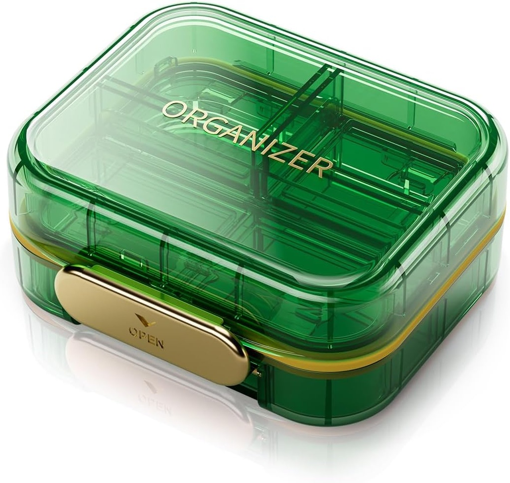 Portable Travel Pill Organizer con 7 scomparti - Perfect Weekly Pill Case Impermeabile Pill Box per Vitamine e Medicina Quotidiano, Small Pill Container per Pocket Purse (Green)