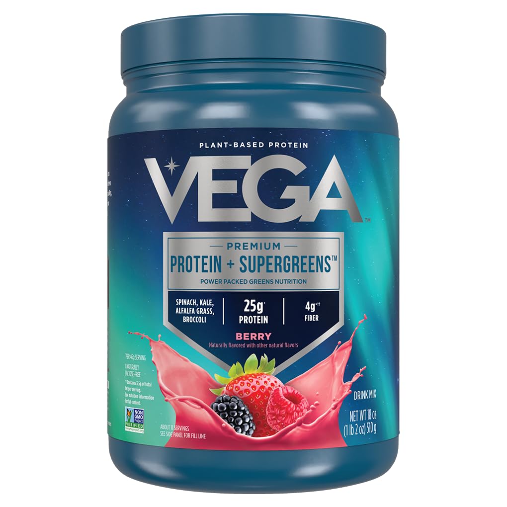 Vega Protéines et Verts Poudre de protéines Berry mixte (11 portions) 25g Protéines végétales plus légumes, végétaliens, non OGM, protéines de pois pour les femmes et les hommes, 1,2lbs