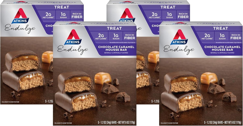 Atkins Endulge Chocolate Caramel Mousse Bar, Dessert Favorite, 1g Zucker, High in Fiber, 5 Count (Pack von 4)