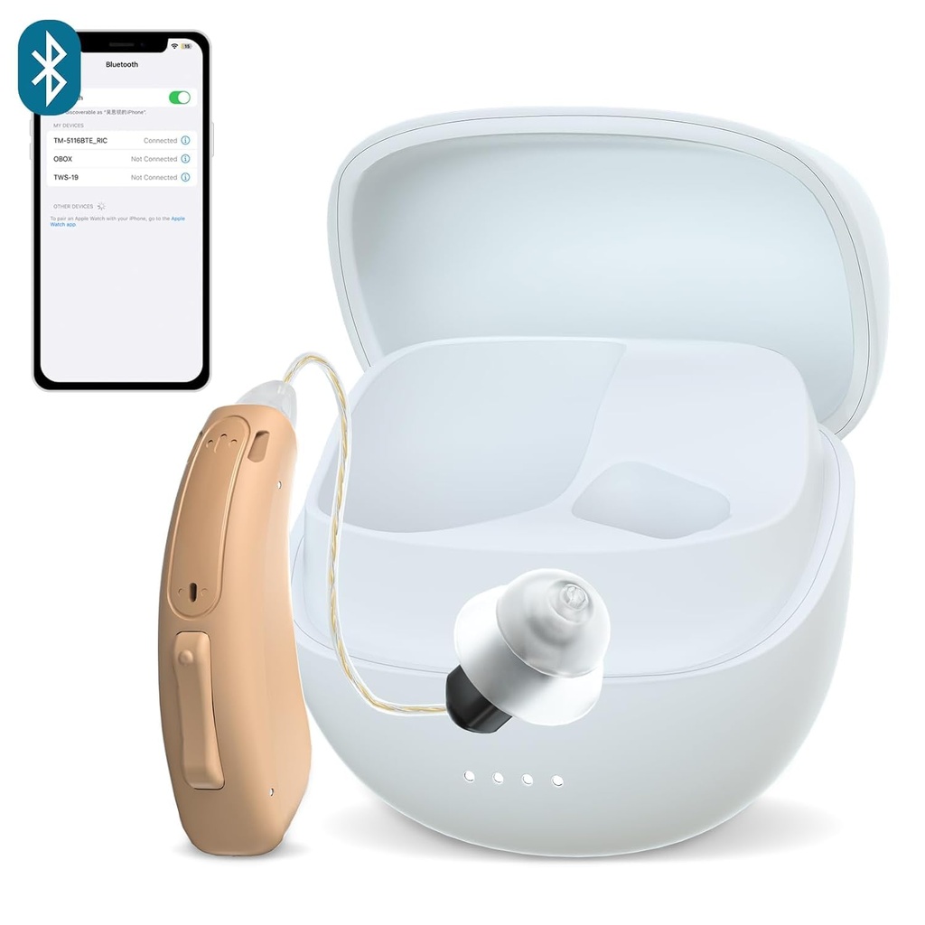 RIC Single Hearing Aid for Seniors ,CUSTOM FIT Digital Over-The-Counter wiederaufladbare Tinnitus Masking Premium Hörgerät Lösung für Erwachsene,nahe unsichtbare Bluetooth Call Enabled,Auto-On, 1pc Left Side