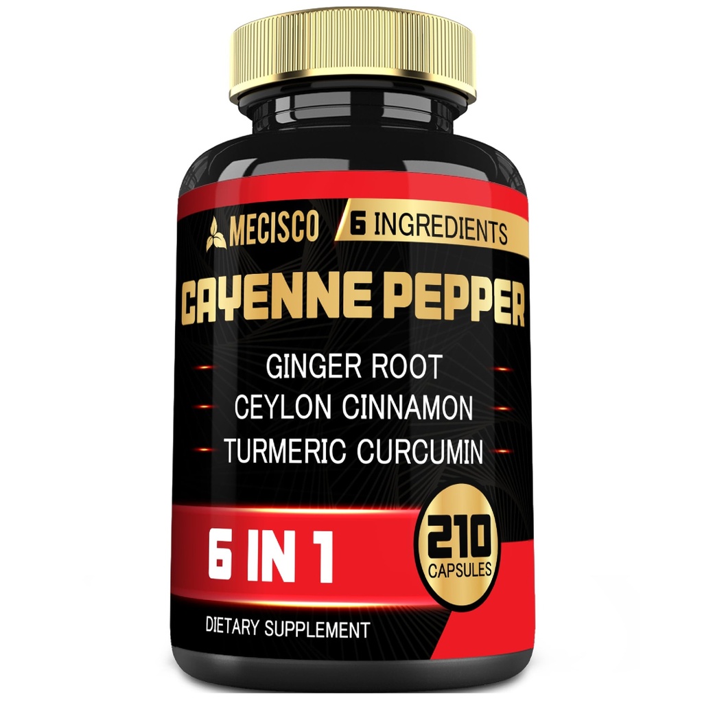 6en1 Cayenne Extrait de poivre avec racine curcumine curcuma biologique, poivre noir, et plus - Système de digestion de soutien, santé cardiaque, fonction immunitaire - 210 Capsules
