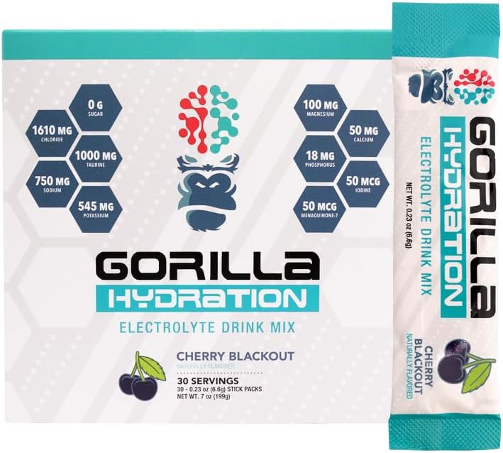 Pacchetti di idratazione della mente di Gorilla - 3,073mg Elettroliti sul Go Conveniente miscela di bevanda per il rifornimento completo - Zucchero Zero, naturalmente addolcito e digiuno amichevole - 30 conte (Cherry Blackout)