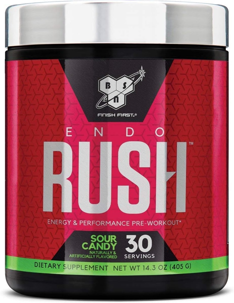 BSN Endorush Pre Workout Powder, supplemento di energia per gli uomini e le donne, 300 mg di caffeina, con Beta-Alanina e Creatina, Sour Candy, 30 Servings , 14.3 Ounce (pacchetto di 1)