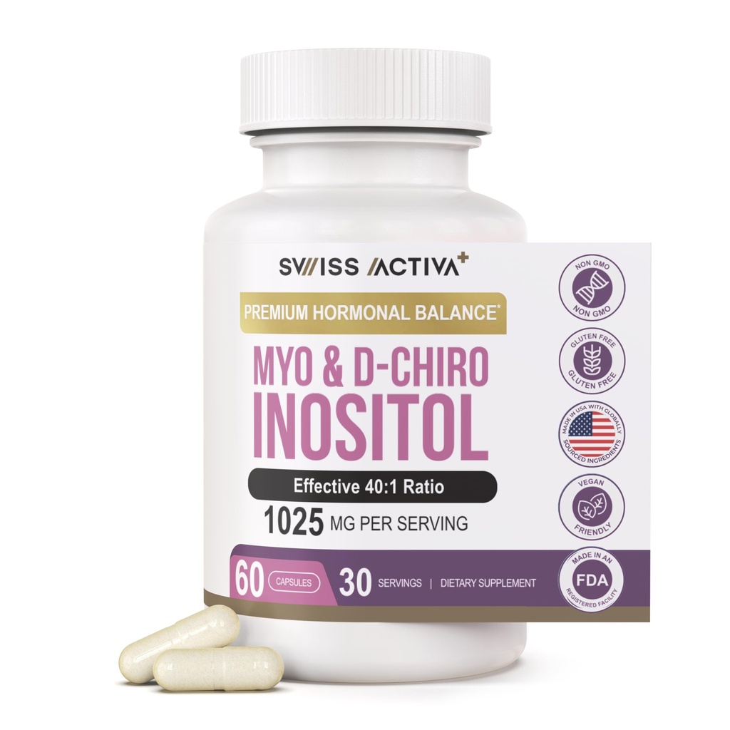 Schweizer Activa+ Labs Myo Inositol Supplement & D-Chiro Inositol Supplement - Premium Hormon Balance für Frauen & PCOS Ergänzungen - Regulate Menstrual Cycle - Ovarian Support - 30 Tage Versorgung