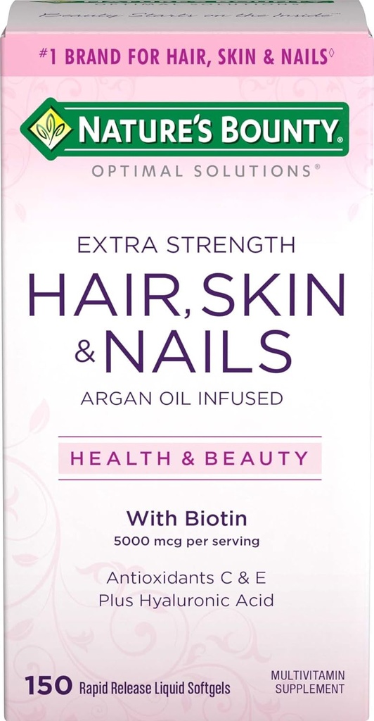 Nature's Bounty Optimal Solutions Cheveux Peau et ongles Extra Strength Softgels, 150 Comte