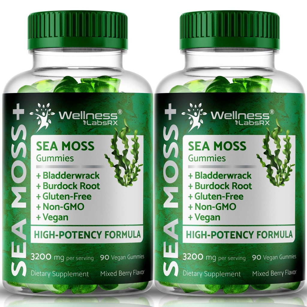 WELLNESS LABSRX Sea Moss Gummis, 3200mg Irish Sea Moss Mixed Berry Flavor mit Maximum Potency Bladderwrack und Burdock Root - Unterstützt Haut, Energie und Immunität - 180 Count