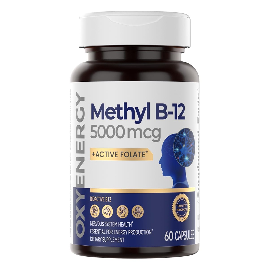 OxyEnergy Methyl Vitamin B12 5000mcg, Extra Strength Methylcobalamin B-12 Supplements with Folate, Support Nerves, Energy Metabolism & Cognitive,60 Capsules