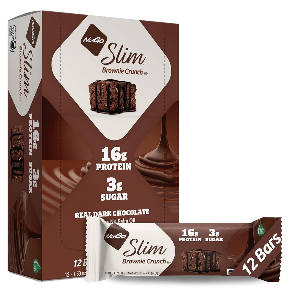 NuGo Slim Dark Chocolate Brownie Crunch, 16g Protein Bar, Glutenfrei, Non-GMO, Kosher, Keto Friendly, Low Carb, 12 Count