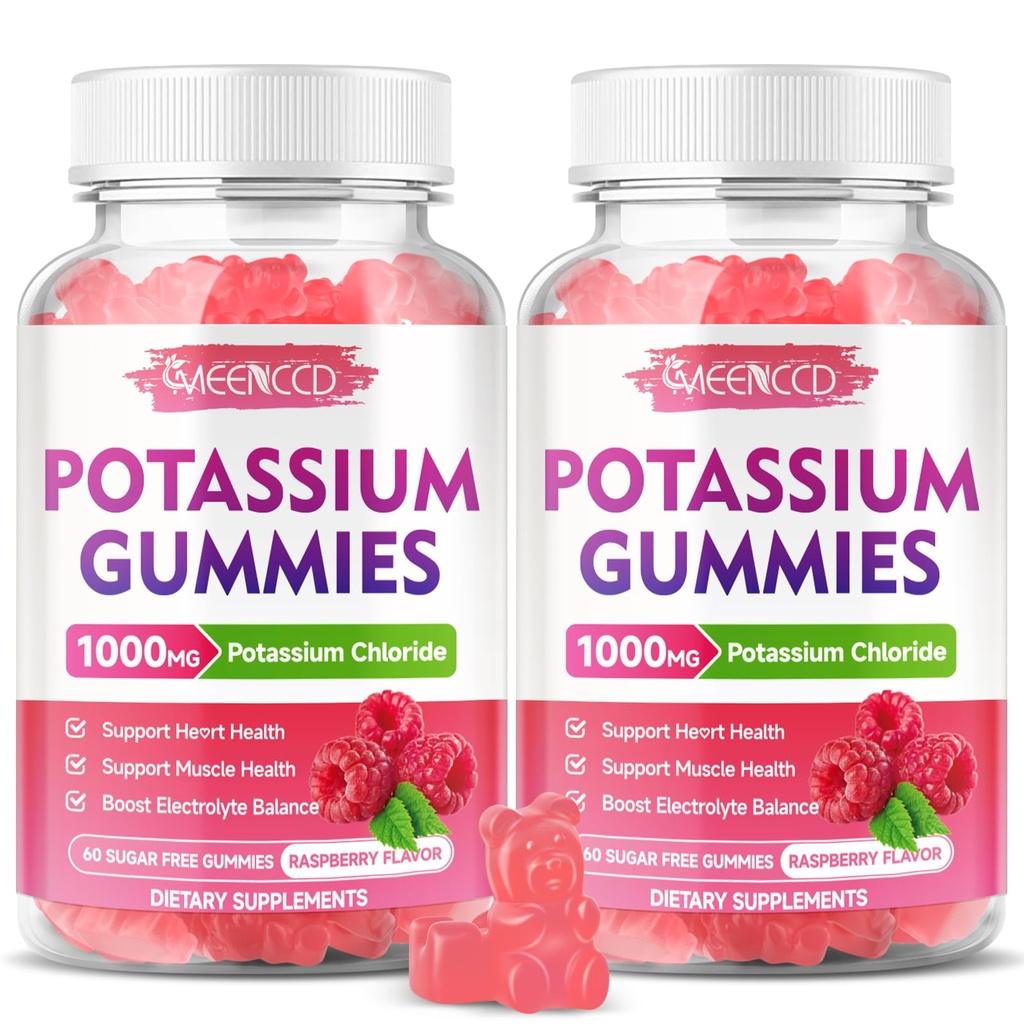 2 Confezione Gummie di potassio, Cloruro di potassio 1000mg per adulti, Zucchero-Free Supplemento di potassio Gummies Support Electrolyte Balance & Gambe per donne & uomini, Sapore di lampone, 120 Conte