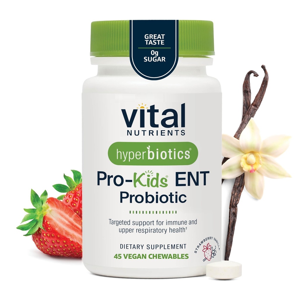 Iperbiotici Vital Nutrients Pro Kids Probiotic | Probiotici per bambini per l'orecchio, il naso e la gola | Sanità immunitaria e digestiva mirata | Strawberry-Vanilla 45 Compresse da masticare senza zucchero