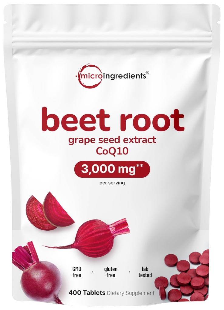 Radice di barbabietola 3.000mg con estratto di semi di uva & CoQ10, 400 compresse | 200 Serve | Super Beets Integratori di estratto di barbabietola fresca per l'ossido nitrico, pressione sanguigna & supporto di salute del cuore