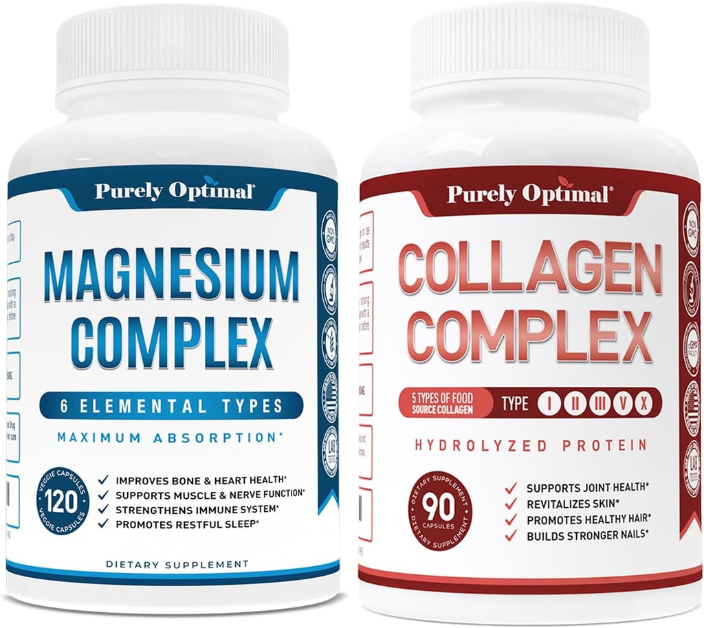 Pure Optimal Premium Magnesium Complex - Citrato di Magnesio, Malato, Rilassamento muscolare - 120 caps + Capsule Peptidi Multi Collagene Premium Pure Optimal (Tipi I, II, III, V, X)