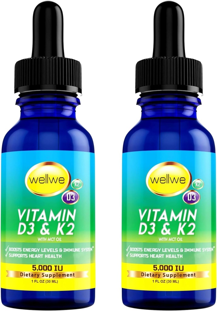 2 Flaschen flüssiges Vitamin D3 K2 Tropfen 5000 IU mit MCT-Öl - Vegan flüssiges Vitamin D Ergänzung zu Boost Energy Levels, Mood und Immunsystem, entflammt, kein Geruch, Glutenfrei, Non-GMO, 2 Fl Oz
