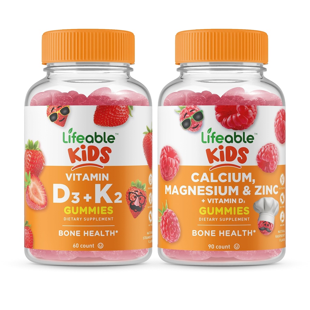 Vitamine vivante D3 + Vitamine K2 Enfants + Calcium Magnésium & Zinc Enfants, Gummies Bundle - Grande dégustation, supplément de vitamine, sans gluten, sans OGM, Gummy à croquer