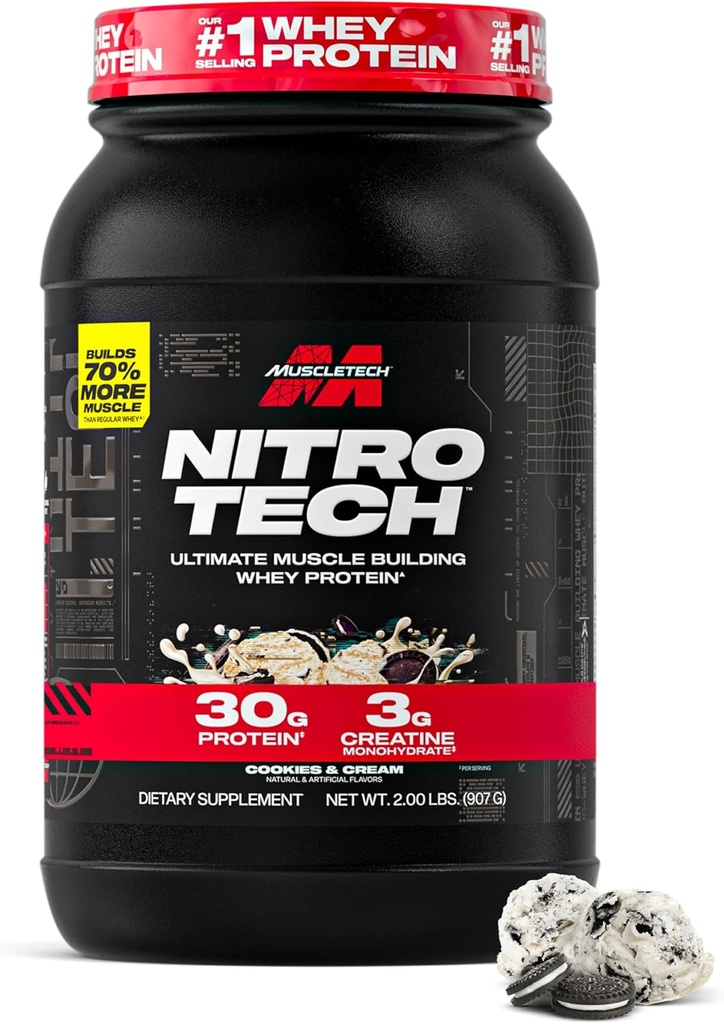 Muscletech Whey Protein Powder (Cookies & Cream, 2.2 Pound) - Nitro-Tech Ultimate Muscle Building Formula con Whey Protein Isolate - 30g di Protein, 3g di Creatine & 6.8g di BCAA - Packaging May Vary
