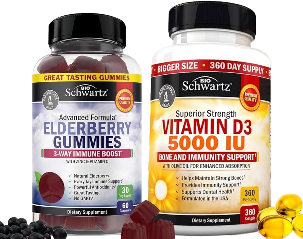 BioSchwartz Elderberry Gummies mit Zink und Vitamin C für Erwachsene Immununterstützung (1 Monat Versorgung) Plus Hohe Stärke Vitamin D3 5000 IU 125 mcg (1 Jahr Versorgung)