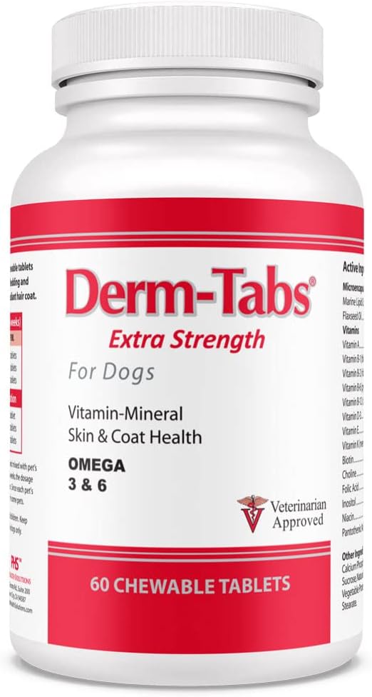 Tables de derm Extra Strength pour chiens - Huile naturelle, vitamines, minéraux et antioxydants - Soutenir une peau saine et réduire le défrichement -60 comprimés à croquer