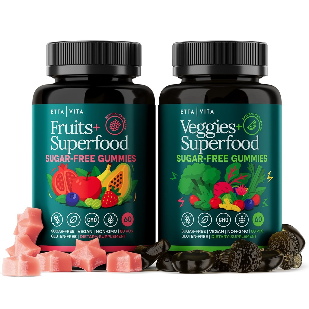 Everyday Debloat & Detox Sugar-Free Fruits and Veggies Gummies - Energy Support with Superfood Fruit and VegetableSupplement (120 Chews) Cruelty-Free, Vegan, Gluten-Free, Fruit and Vegetable Vitamin