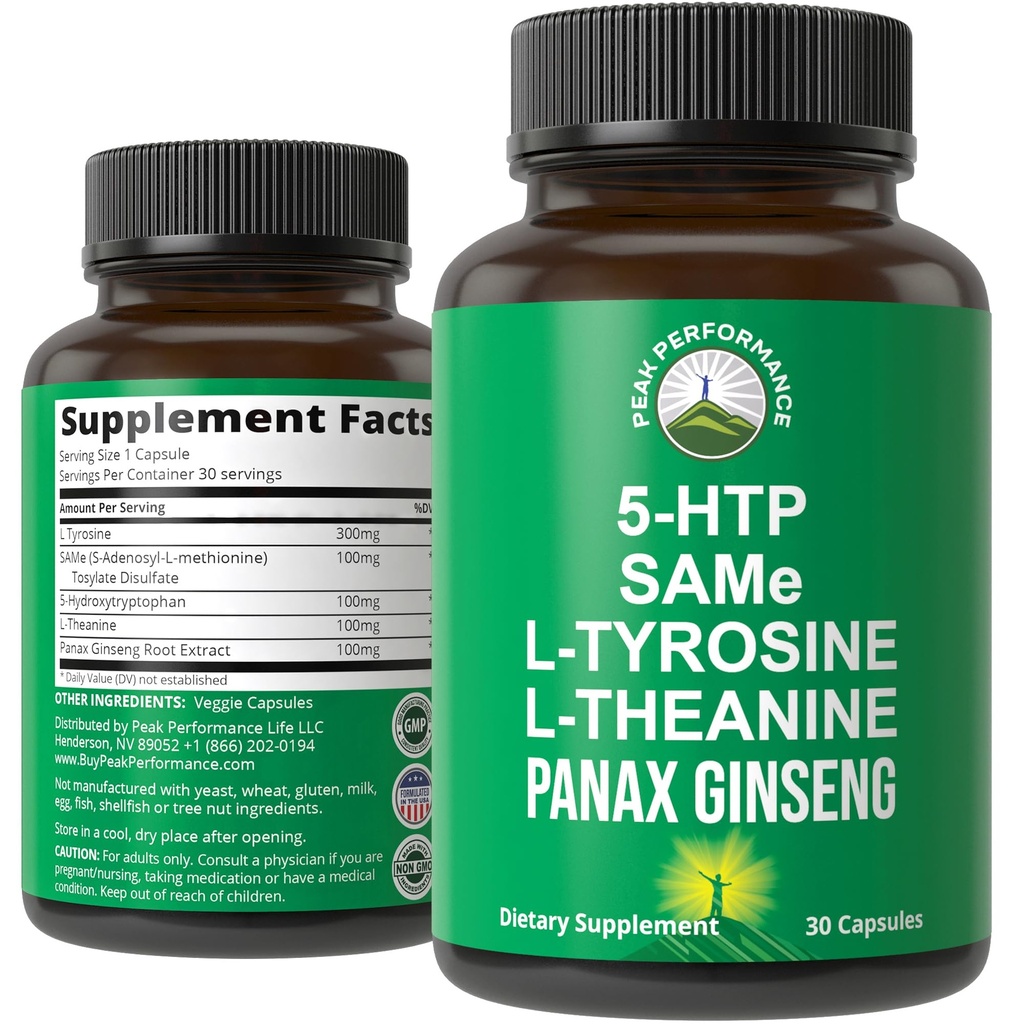 Peak Performance Mood Support Supplement mit 5 Top Zutaten: 5HTP, SAM e, L Tyrosine, L Theanine und Panax Ginseng. Ruhe, Fokus, Entspannungsergänzungen. Vegan